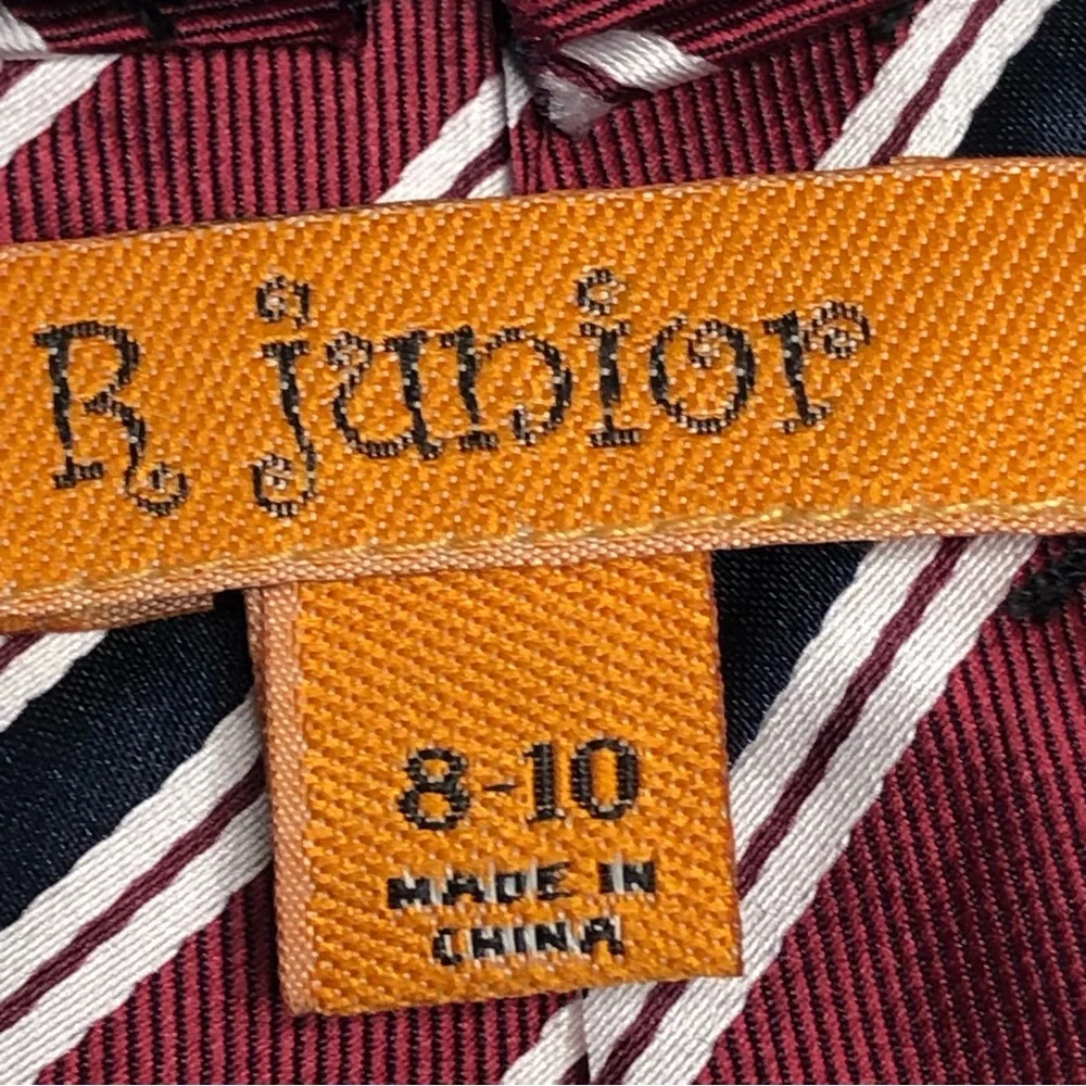 R. Junior Boy’s Maroon Navy and White Striped Microfiber Tie Size 8-10